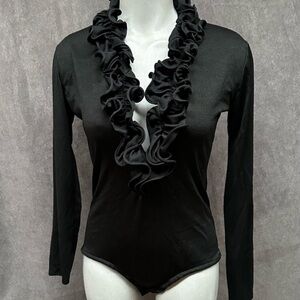 Vintage bodysuit ruffles deep V leotard women’s black medium